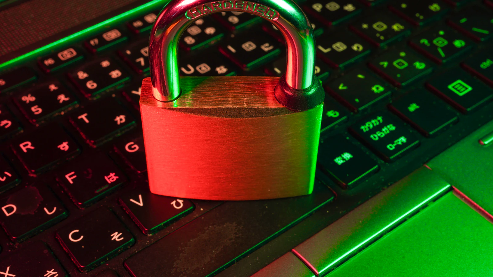 A red padlock resting on a black computer keyboard